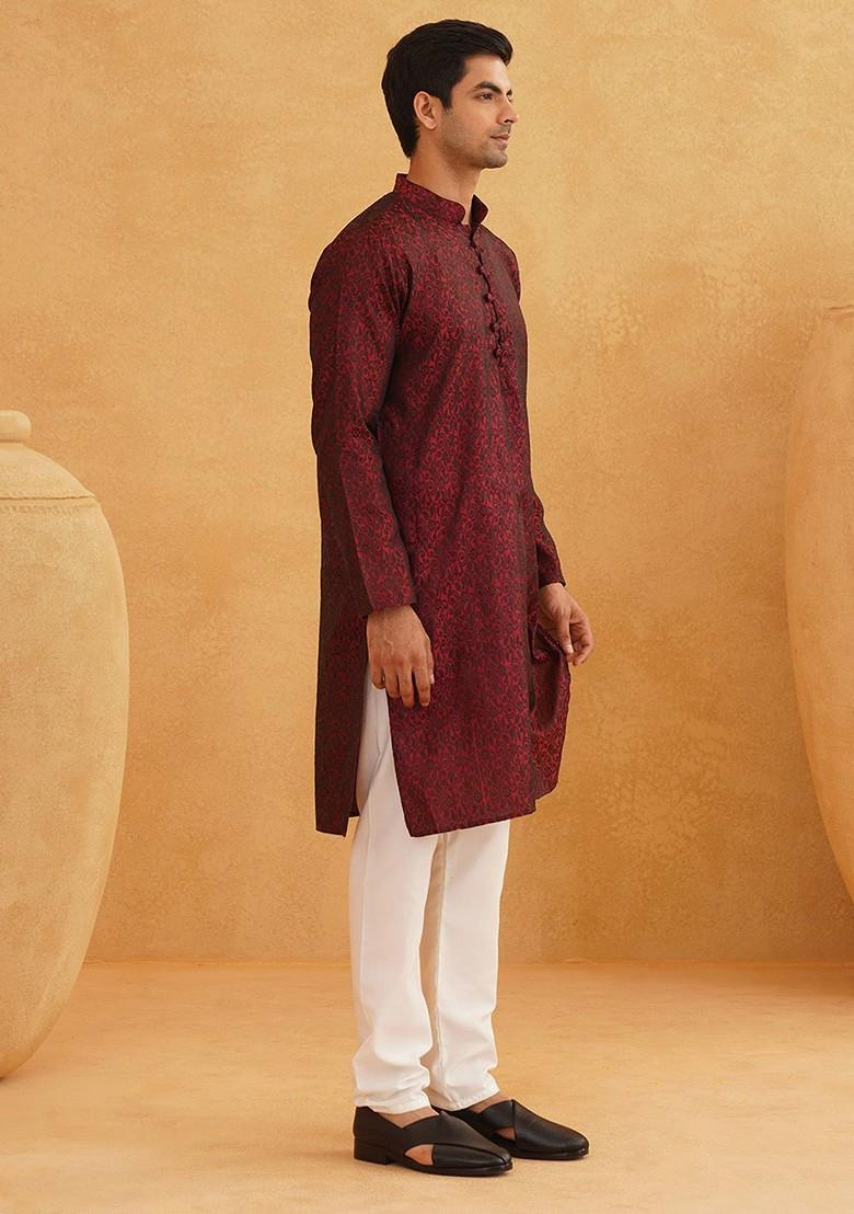 Maroon Ethnic Motifs Poly Blend Kurta Set For Men
