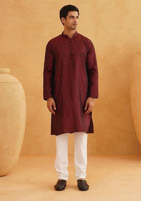 Maroon Ethnic Motifs Poly Blend Kurta Set For Men