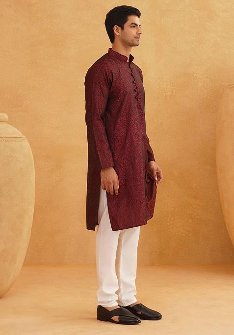 Maroon Ethnic Motifs Poly Blend Kurta Set For Men