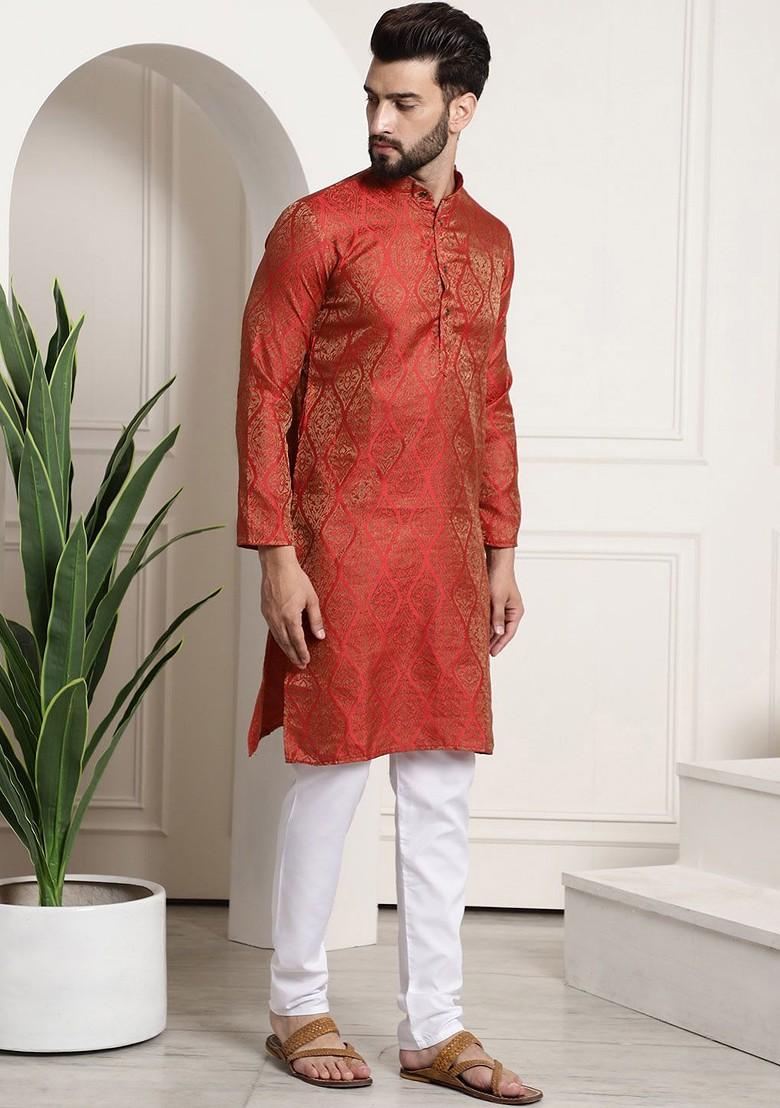Red Ethnic Motifs Poly Blend Kurta Set For Men