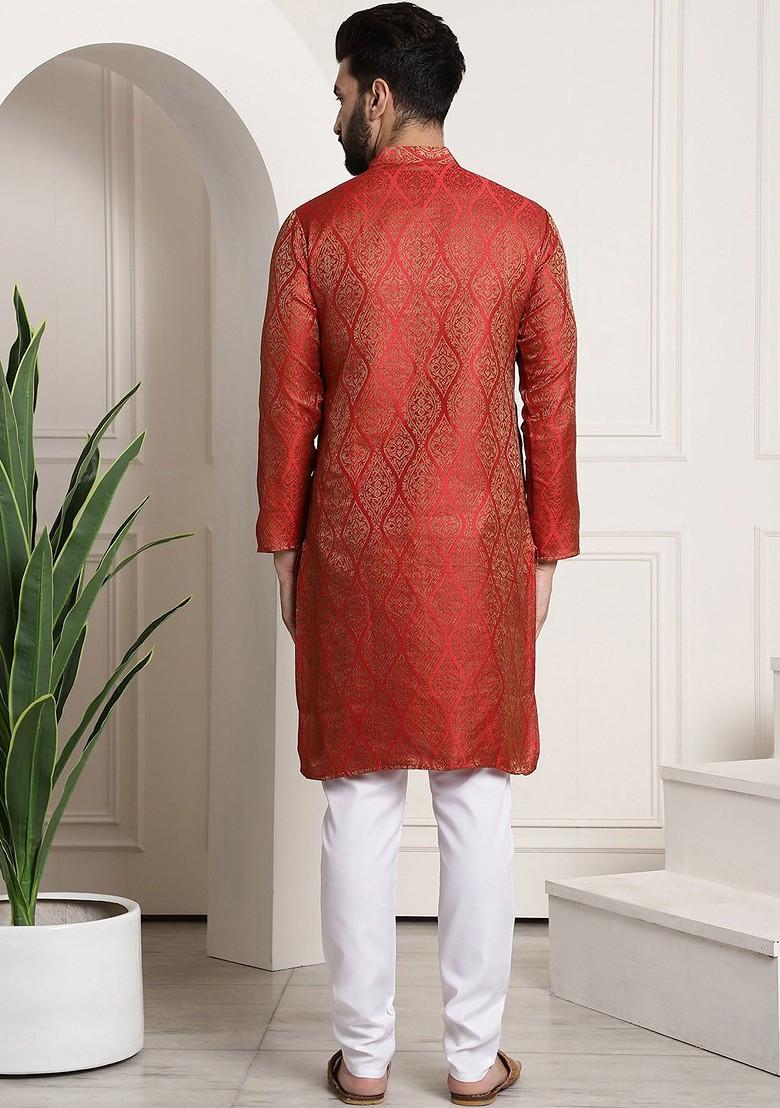 Red Ethnic Motifs Poly Blend Kurta Set For Men