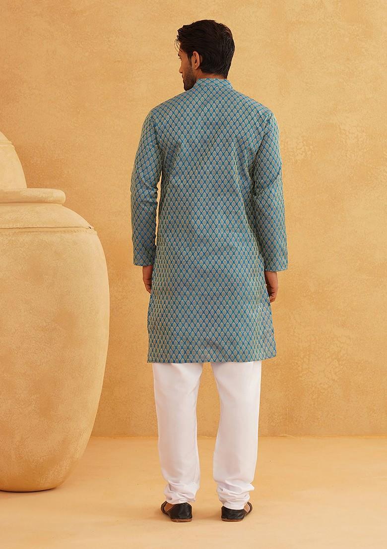 Blue Ethnic Motifs Poly Blend Kurta Set For Men