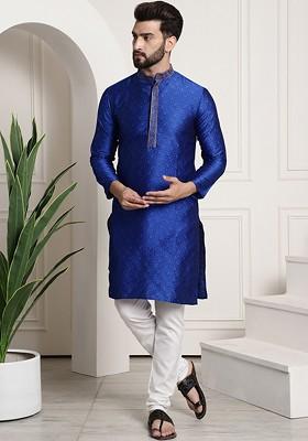 Blue Thread Work Poly Blend Kurta Set For Men