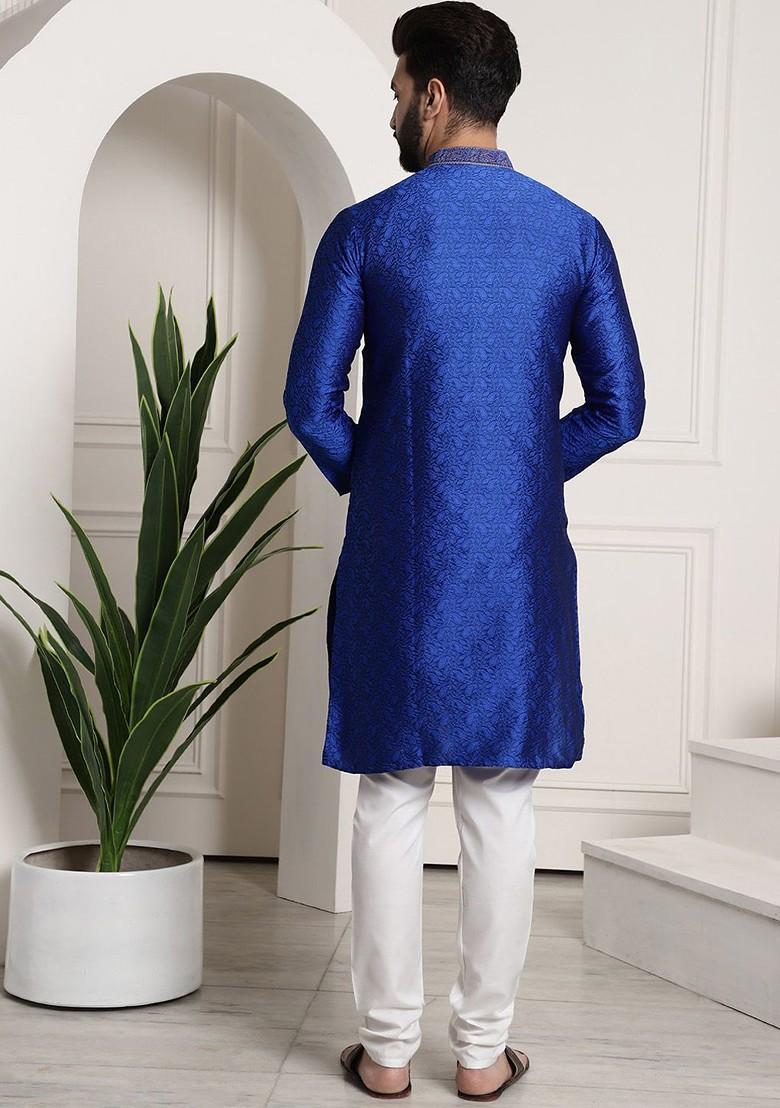 Blue Thread Work Poly Blend Kurta Set For Men