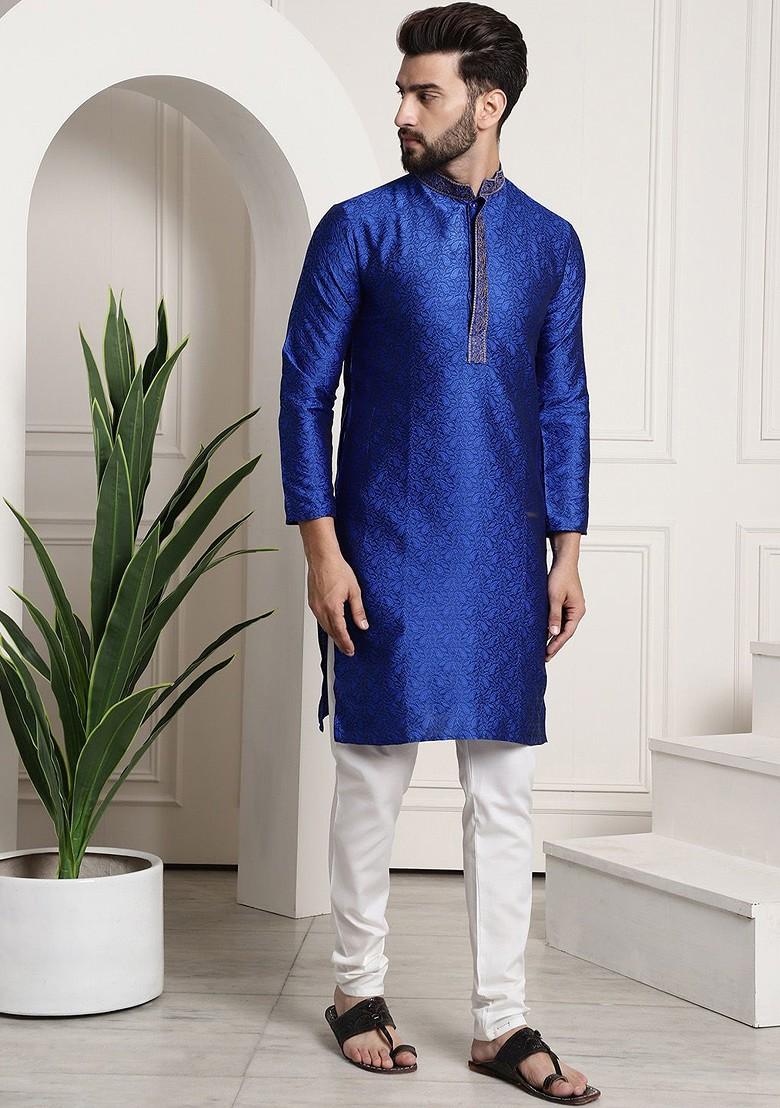 Blue Thread Work Poly Blend Kurta Set For Men
