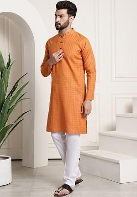 Orange Checked Poly Blend Kurta Set For Men