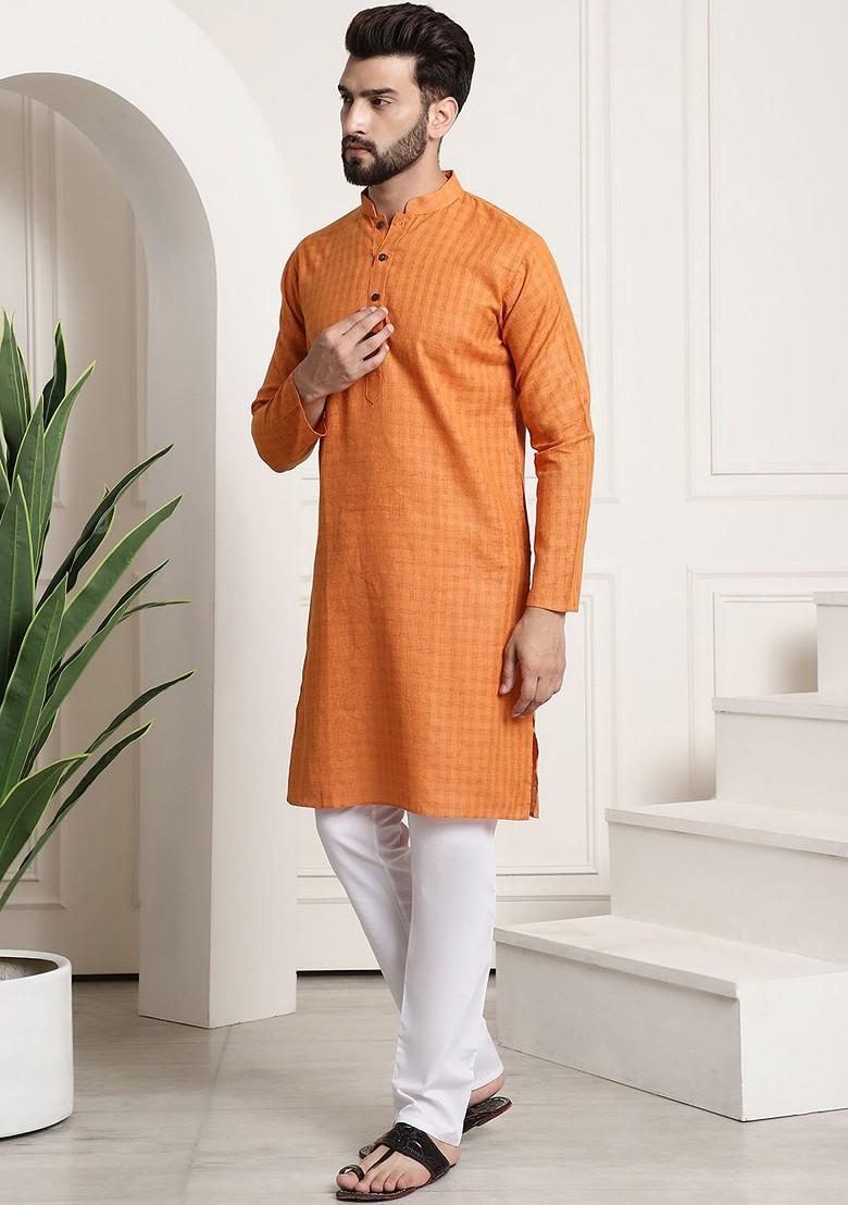 Orange Checked Poly Blend Kurta Set For Men