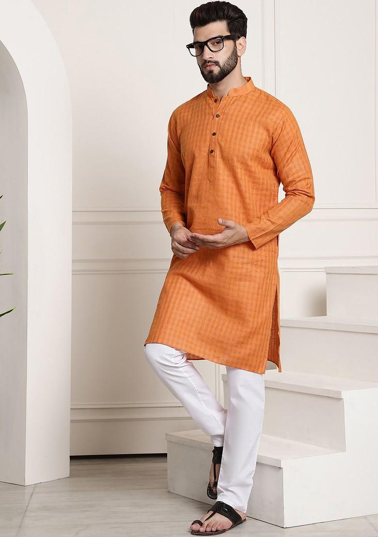 Orange Checked Poly Blend Kurta Set For Men