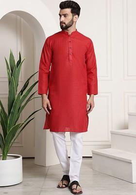 Red Checked Poly Blend Kurta Set For Men