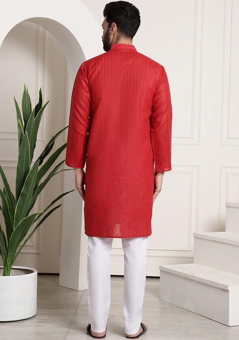 Red Checked Poly Blend Kurta Set For Men