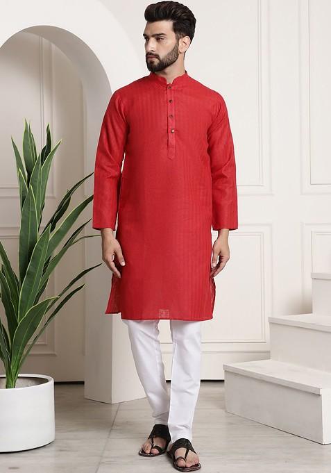 Red Checked Poly Blend Kurta Set For Men — view on Indya