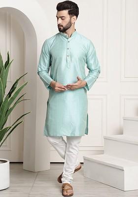 Sea Green Striped Poly Blend Kurta Set For Men