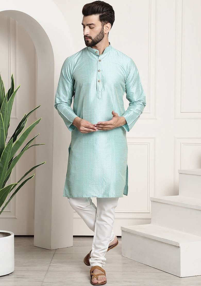 Sea Green Striped Poly Blend Kurta Set For Men - Indya