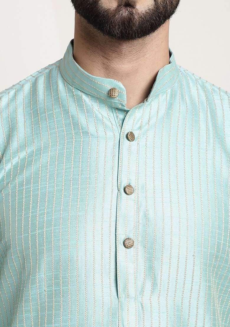 Sea Green Striped Poly Blend Kurta Set For Men - Indya