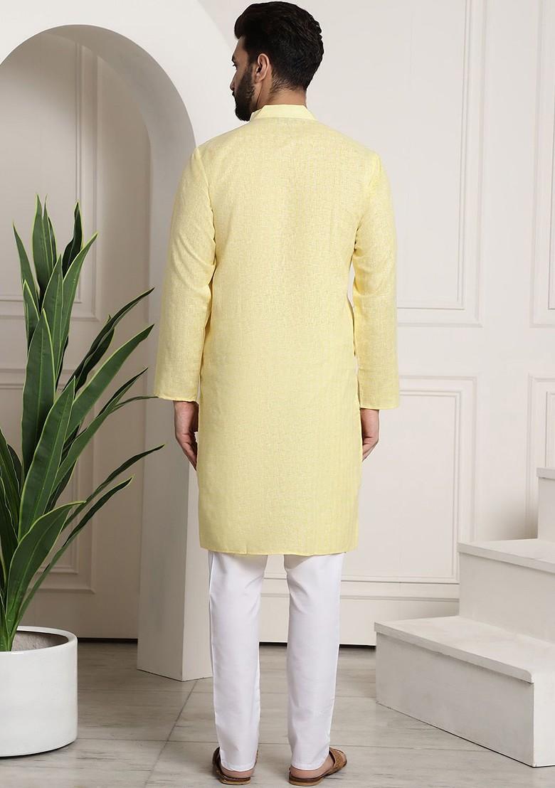 Yellow Checked Poly Blend Kurta Set For Men