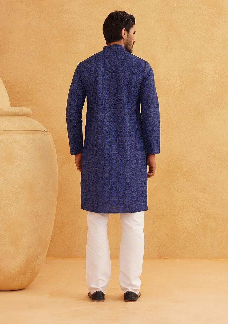 Navy Blue Ethnic Motifs Poly Blend Kurta Set For Men