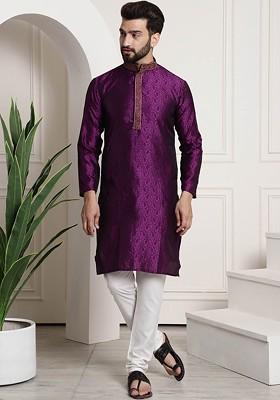 Purple Woven Poly Blend Kurta Set For Men