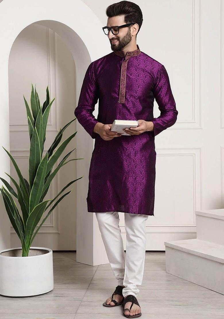 Purple Woven Poly Blend Kurta Set For Men