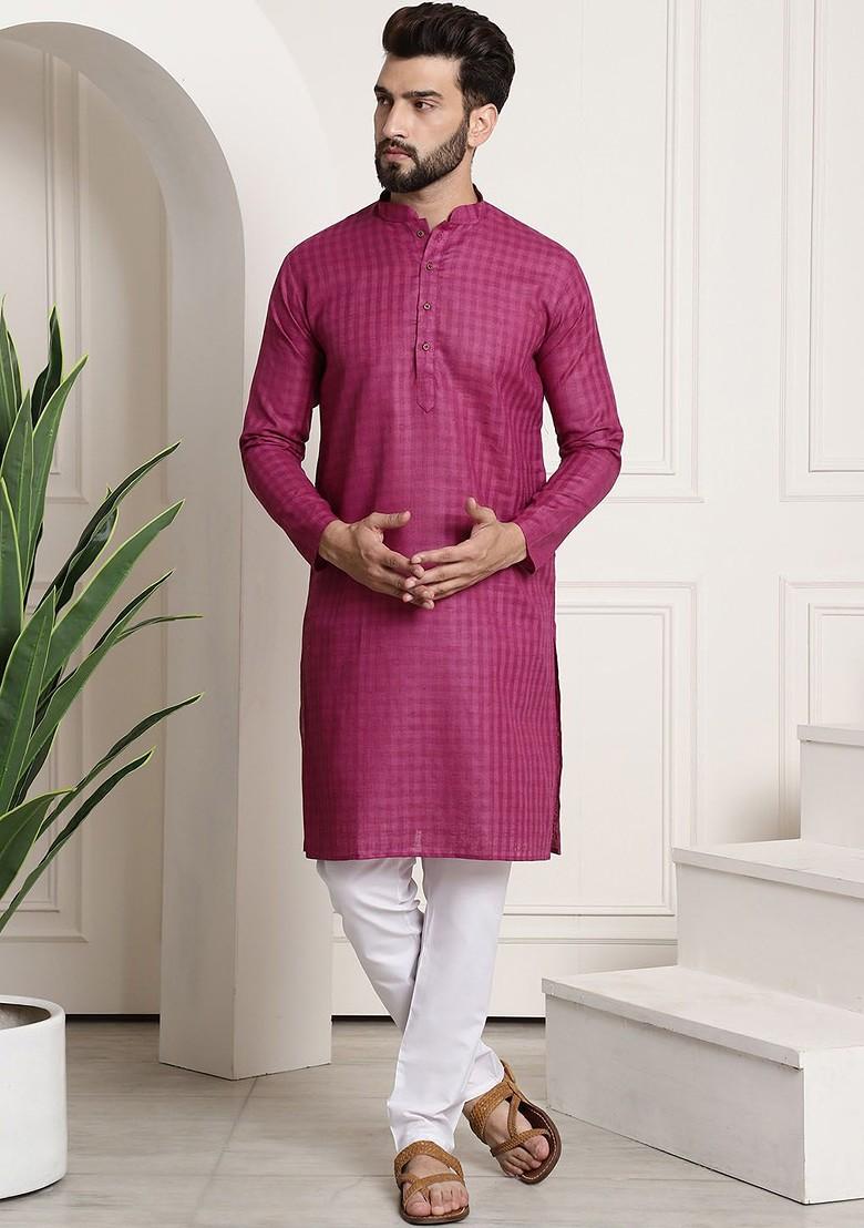Magenta Checked Poly Blend Kurta Set For Men