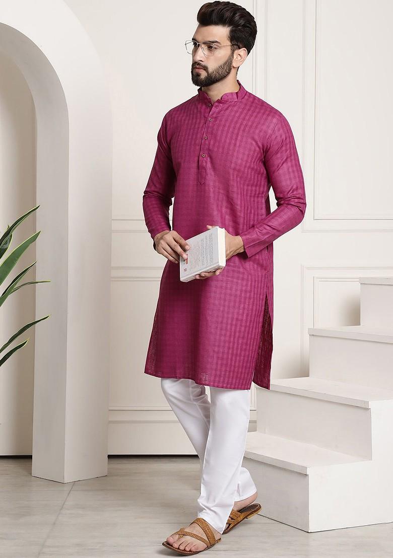 Magenta Checked Poly Blend Kurta Set For Men