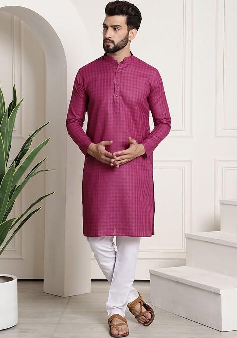 Magenta Checked Poly Blend Kurta Set For Men