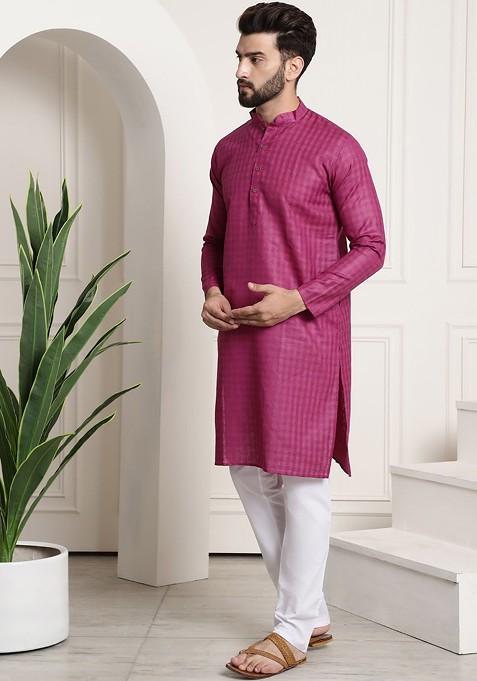 Magenta Checked Poly Blend Kurta Set For Men