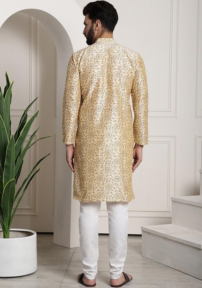 Beige Printed Poly Blend Kurta Set For Men