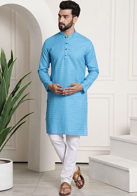 Blue Checked Poly Blend Kurta Set For Men