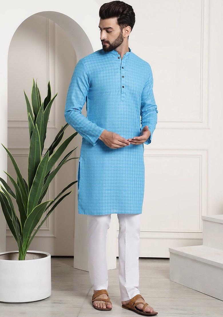 Blue Checked Poly Blend Kurta Set For Men