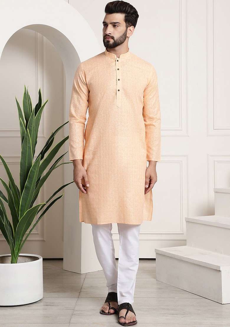 Peach Checked Poly Blend Kurta Set For Men - Indya