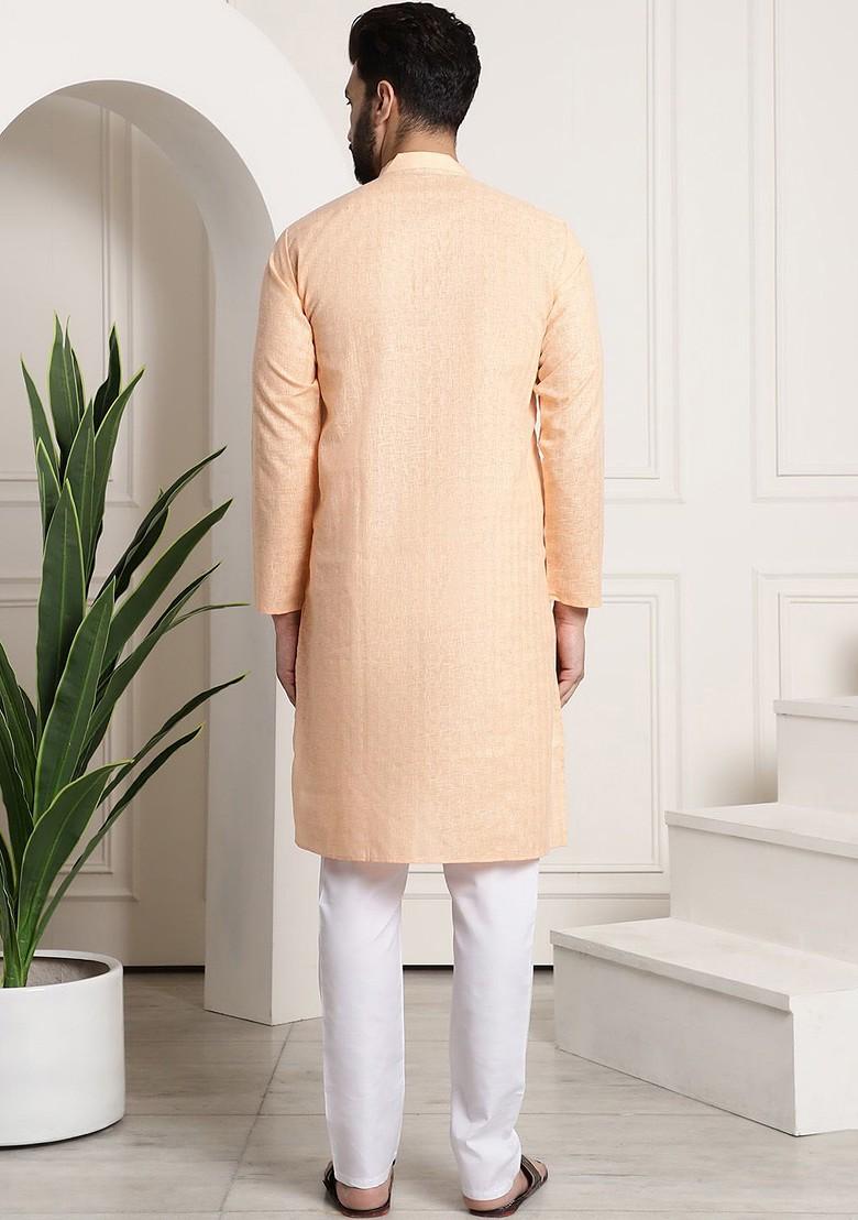 Peach Checked Poly Blend Kurta Set For Men