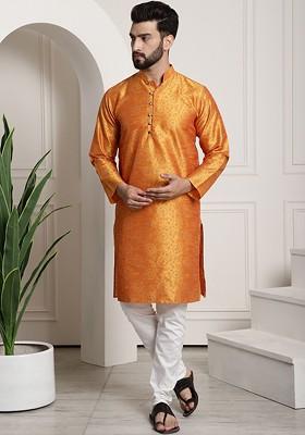 Orange Printed Poly Blend Kurta Set For Men