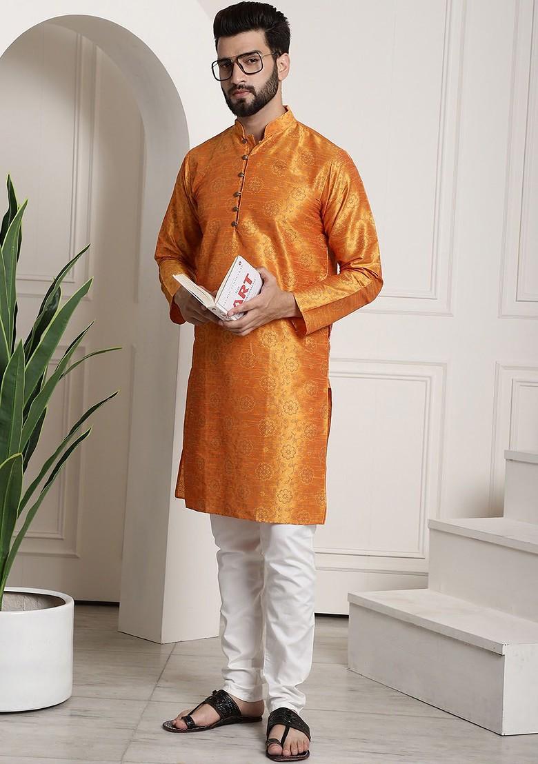 Orange Printed Poly Blend Kurta Set For Men