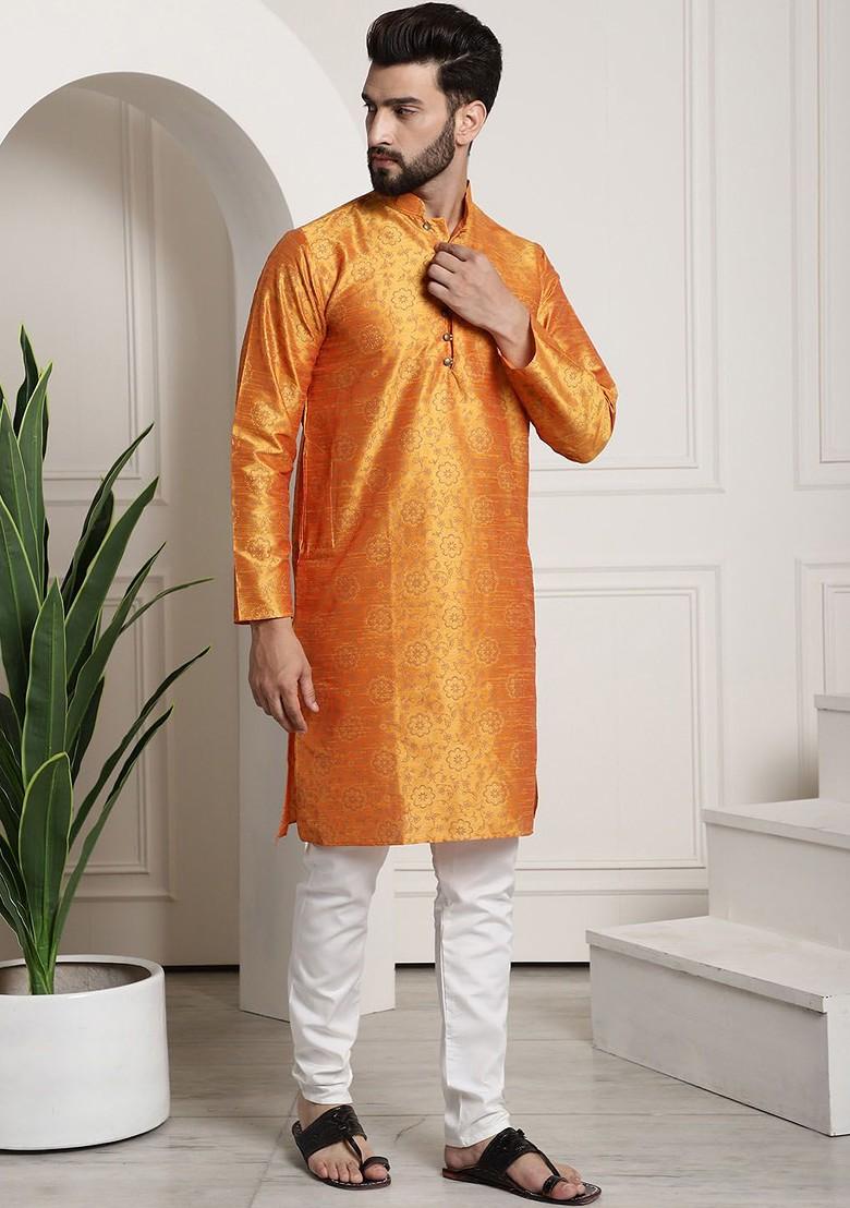 Orange Printed Poly Blend Kurta Set For Men