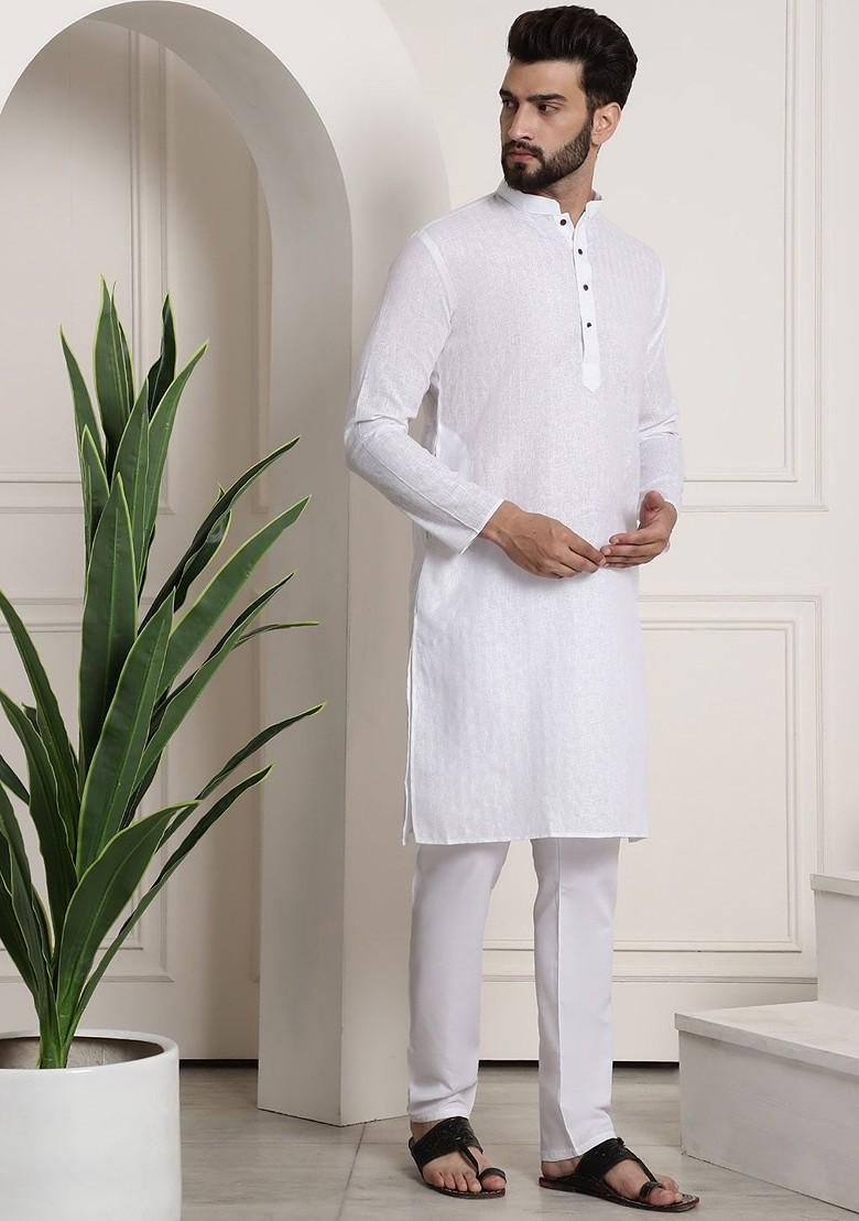 White Solid Poly Blend Kurta Set For Men
