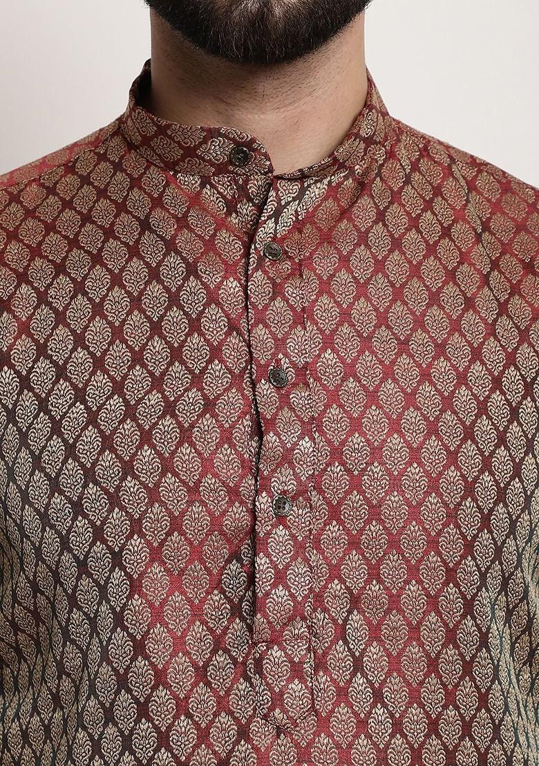 Maroon Ethnic Motifs Poly Blend Kurta Set For Men