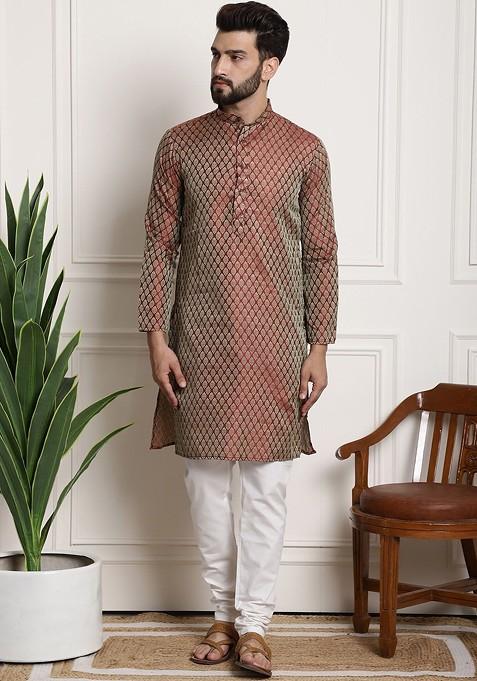 Maroon Ethnic Motifs Poly Blend Kurta Set For Men