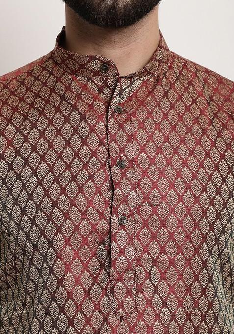 Maroon Ethnic Motifs Poly Blend Kurta Set For Men