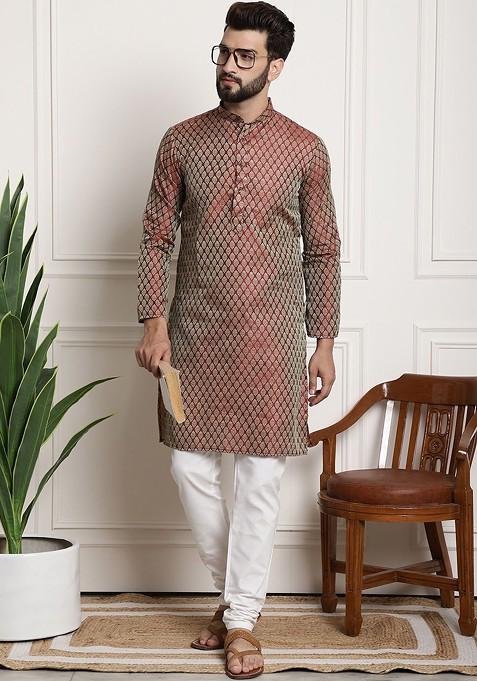 Maroon Ethnic Motifs Poly Blend Kurta Set For Men