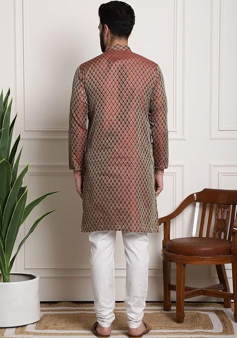 Maroon Ethnic Motifs Poly Blend Kurta Set For Men