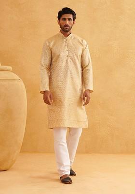 Beige Ethnic Motifs Poly Blend Kurta Set For Men