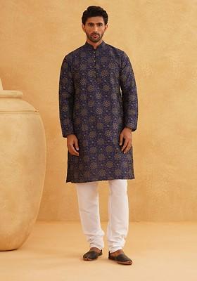 Navy Blue Ethnic Motifs Poly Blend Kurta Set For Men