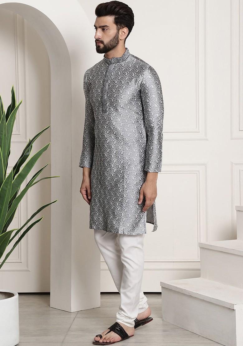 Grey Ethnic Motifs Poly Blend Kurta Set For Men