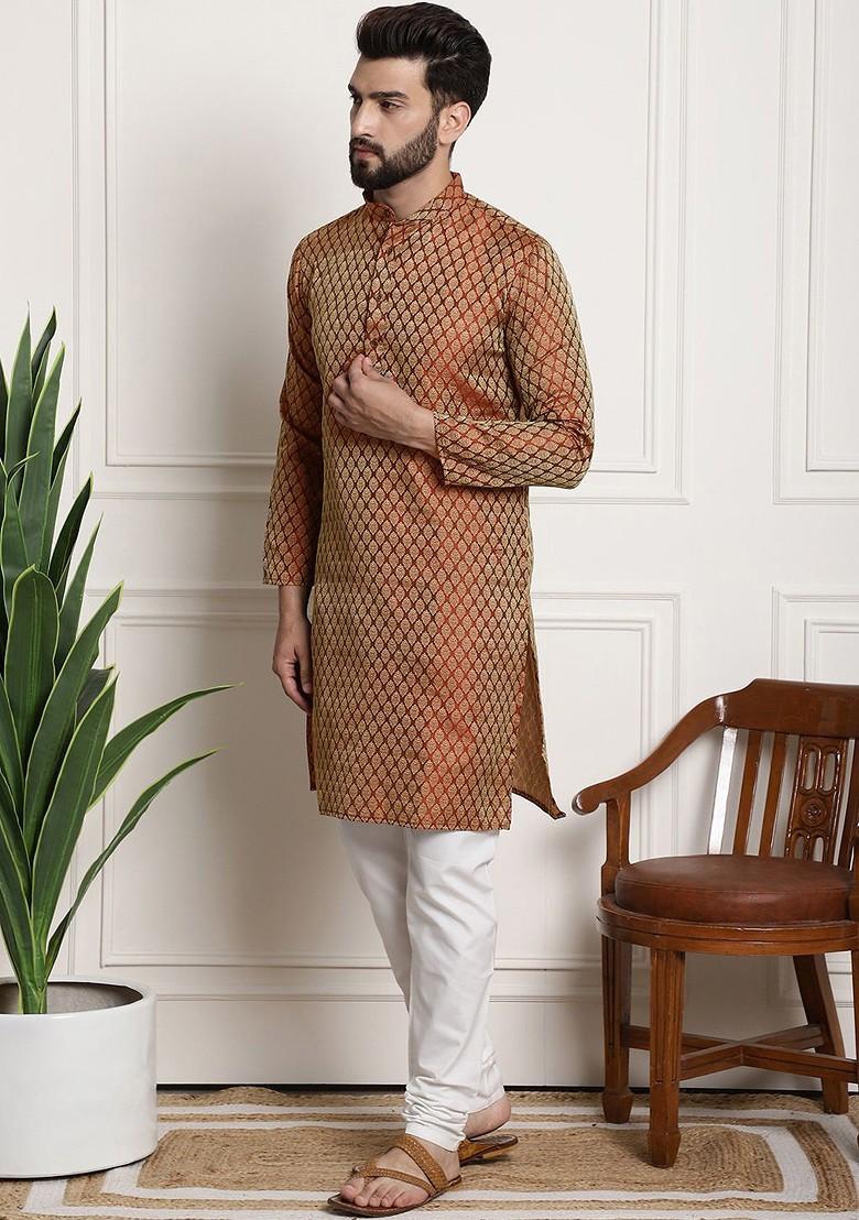 Orange Ethnic Motifs Poly Blend Kurta Set For Men
