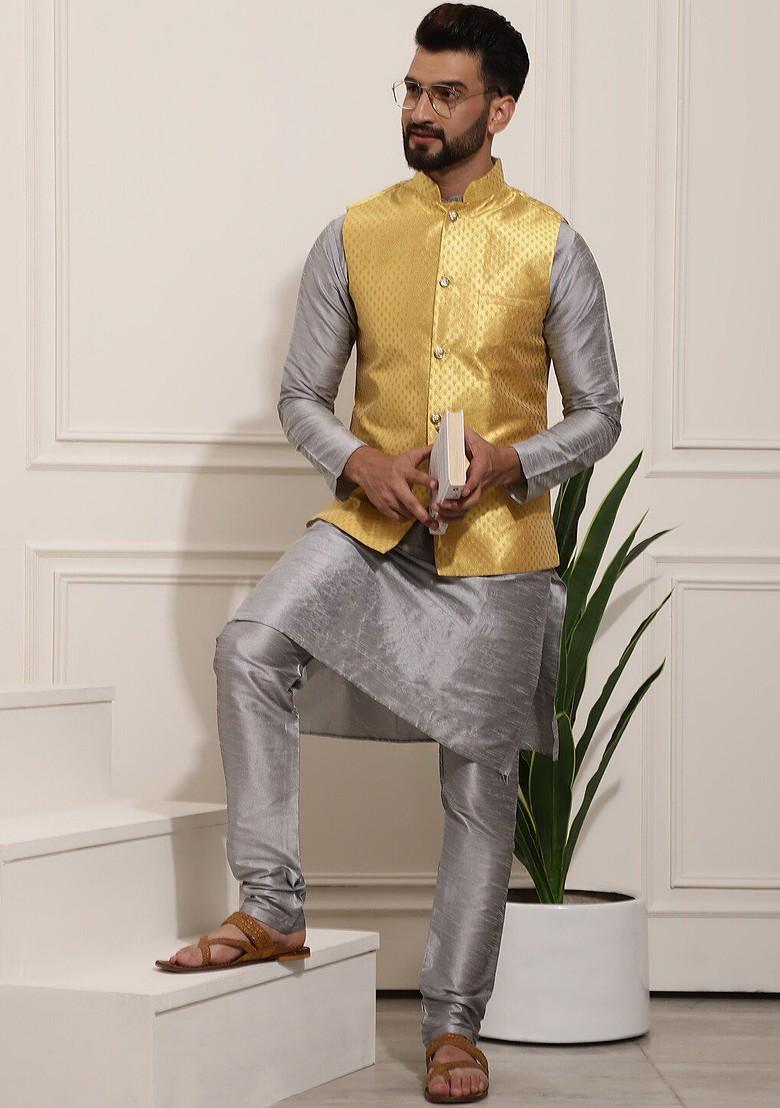 Grey Solid Poly Blend Kurta Set For Men