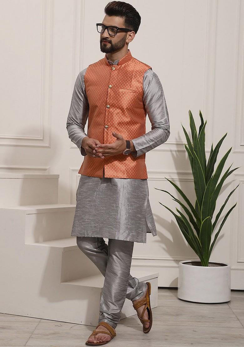 Grey Solid Poly Blend Kurta Set For Men