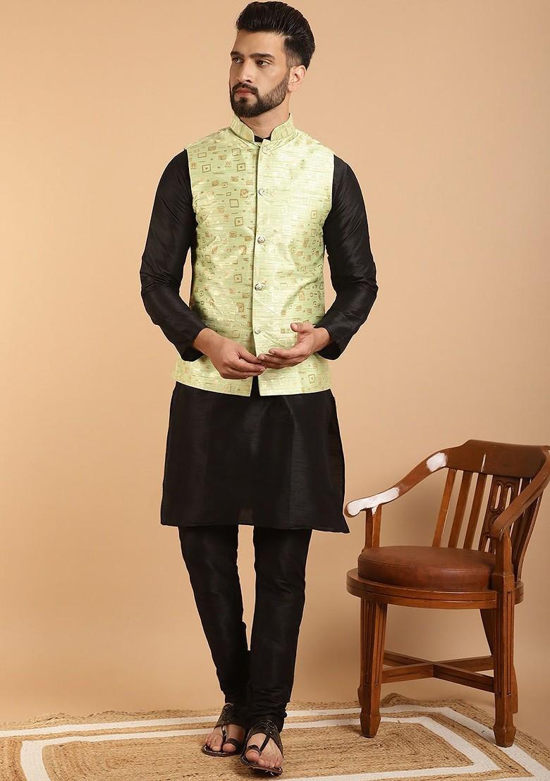 Black Solid Poly Blend Kurta Set For Men