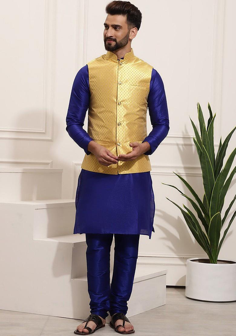 Navy Blue Woven Poly Blend Kurta Set For Men