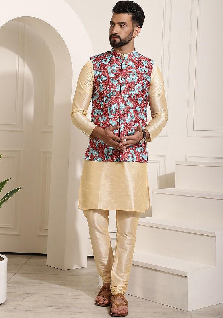 Gold Solid Poly Blend Kurta Set For Men
