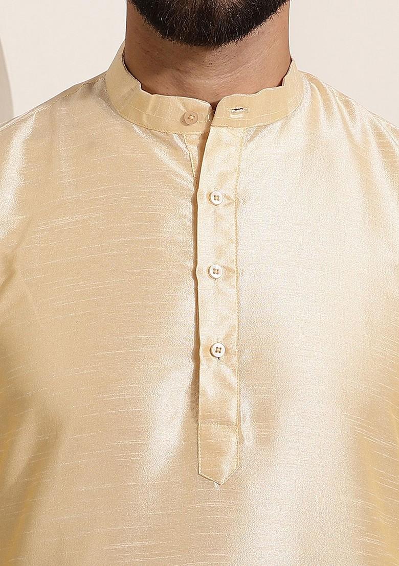 Gold Solid Poly Blend Kurta Set For Men